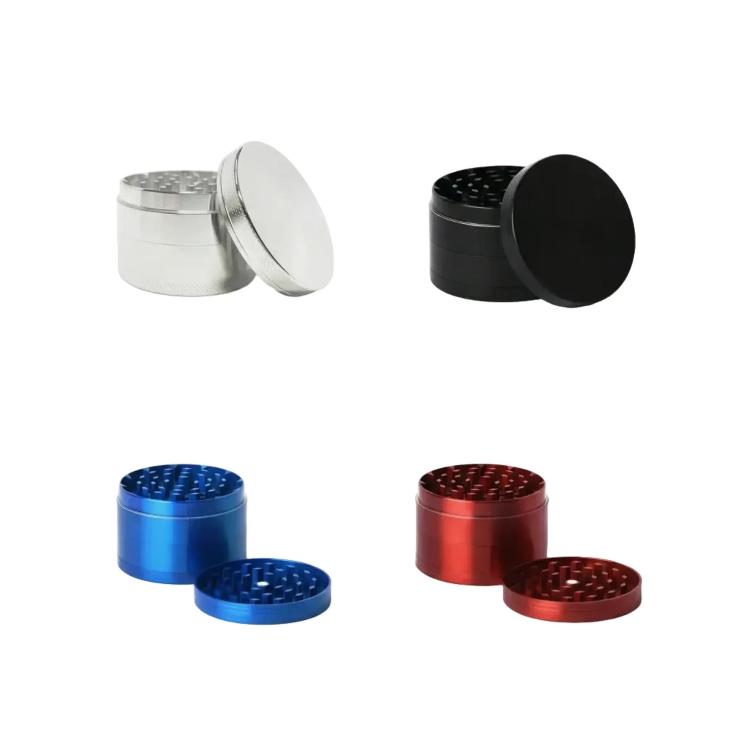 Four metal grinders in silver, black, blue, and red on a white background.