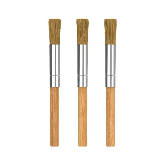 Three Storz and Bickel wooden-handled brushes with bristle heads on a white background