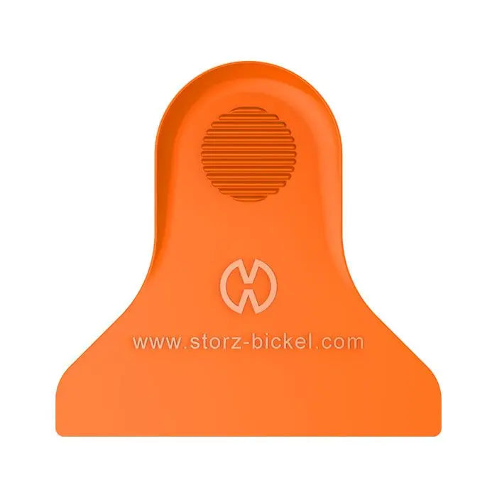 Orange plastic spatula with a brand logo on a white background