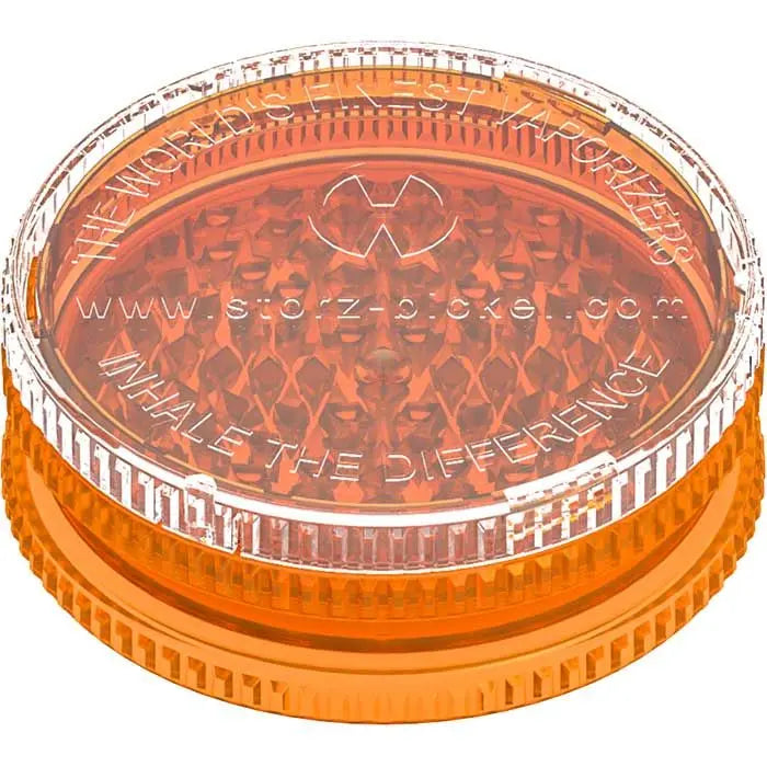 Orange and clear xl mill with branding and website text on a white background