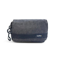 A dark gray textured canvas pouch with a navy blue elastic band and a small white 'Vaultlax' logo, shown on a plain white background.