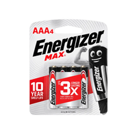 A retail blister pack of Energizer MAX AAA alkaline batteries on a plain white background. The package contains four batteries and includes a cartoon-style battery graphic on the right side of the card.