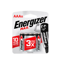 Energizer MAX AAA 8-pack battery blister card with four silver and red batteries visible and a black Energizer mascot battery shown outside the pack on a white background.