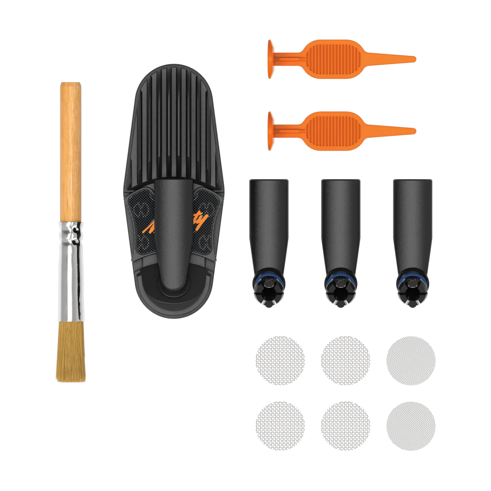 Mighty Plus Wear and Tear accessory set including a black cooling unit, brush, screens, and multiple nozzles on a white background. Top View.