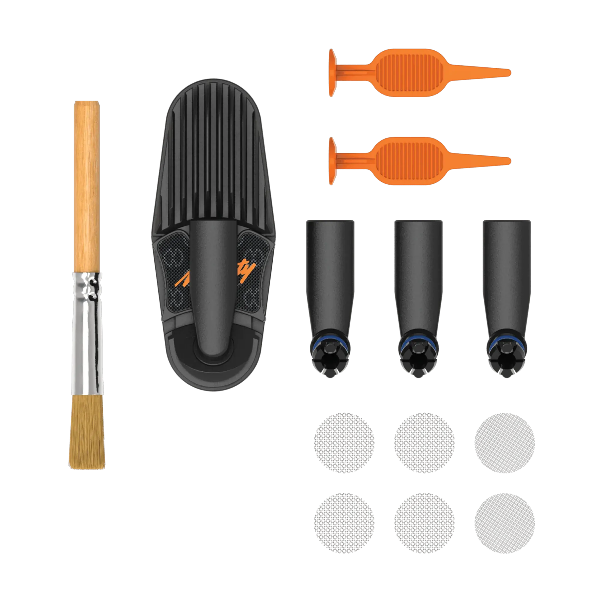 Mighty Plus Wear and Tear accessory set including a black cooling unit, brush, screens, and multiple nozzles on a white background. Top View.
