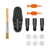 Mighty Plus Wear and Tear accessory set including a black cooling unit, brush, screens, and multiple nozzles on a white background. Top View.