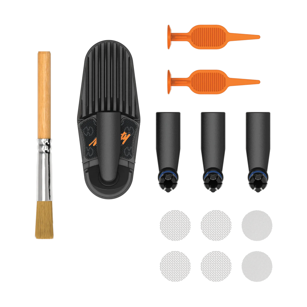 Mighty Plus Wear and Tear accessory set including a black cooling unit, brush, screens, and multiple nozzles on a white background. Top View.