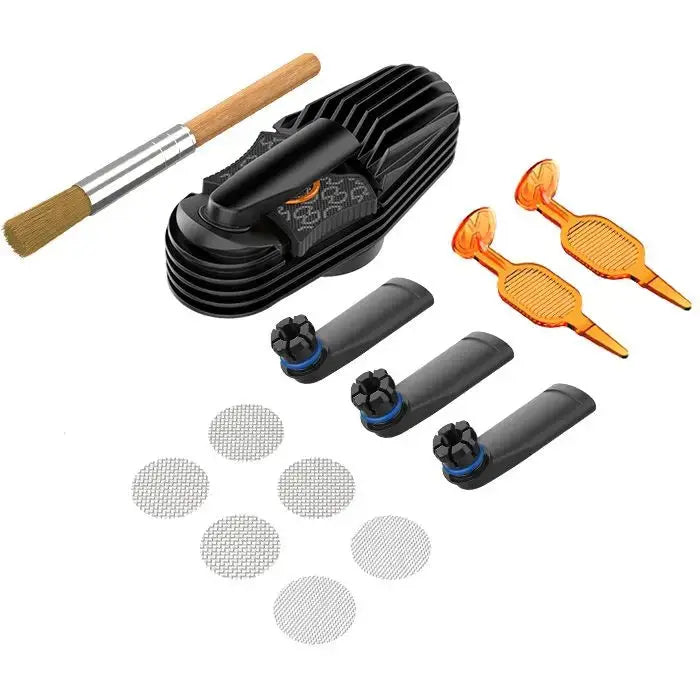 Mighty Plus Wear and Tear accessory set including a black cooling unit, brush, screens, and multiple nozzles on a white background. Isometric view.